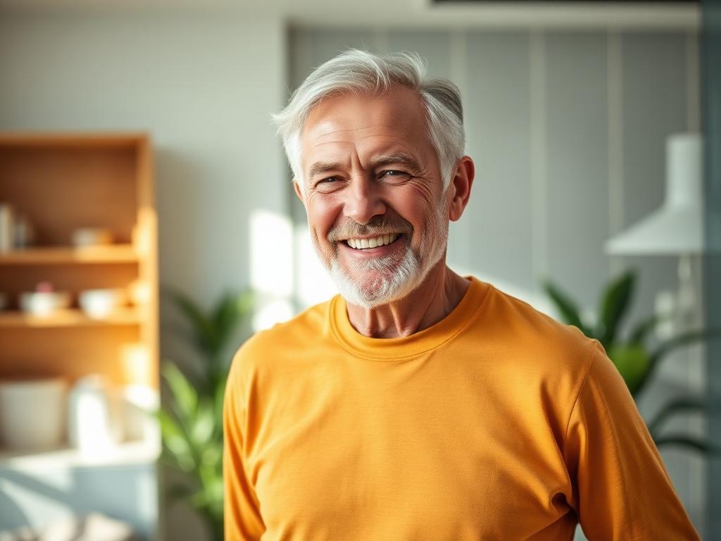 Smiling older man in a bright home