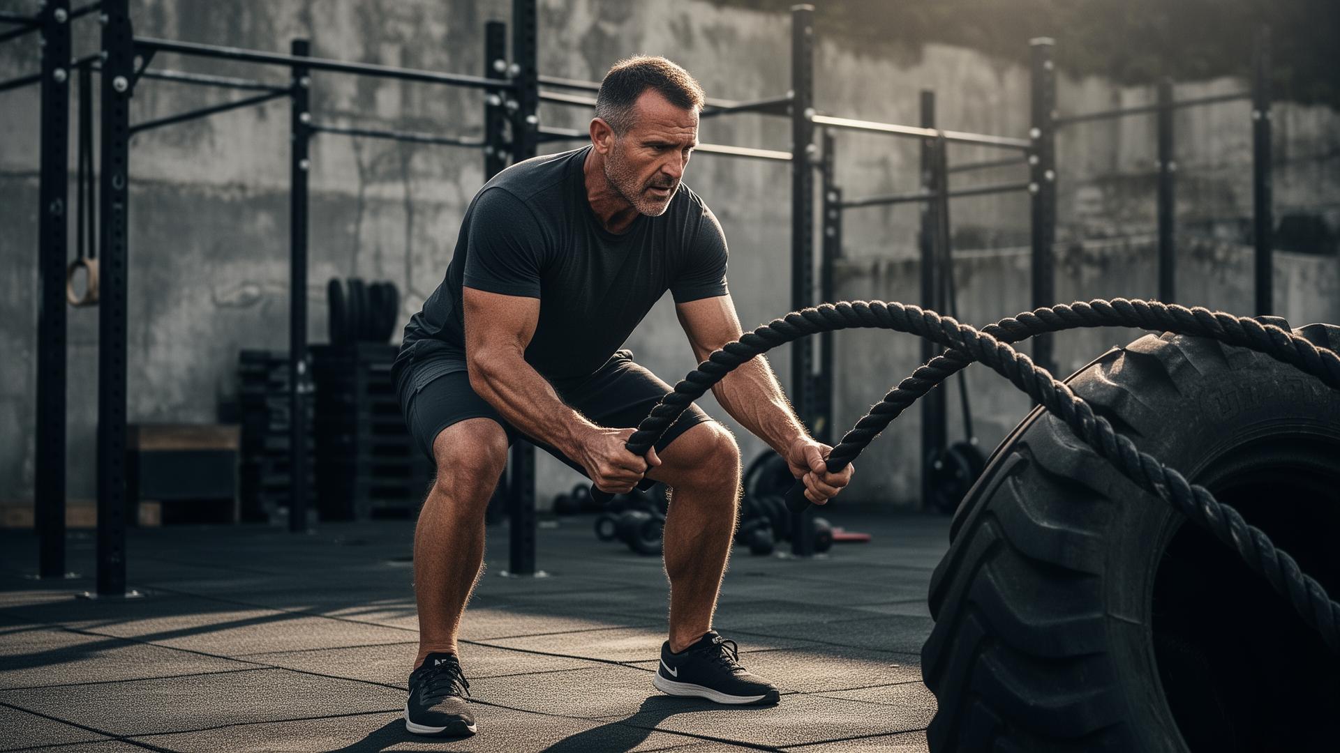 Man doing conditioning work with battle ropes